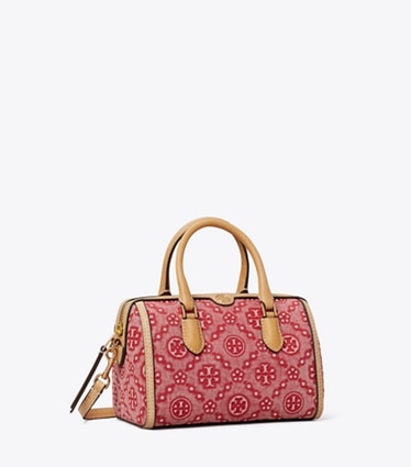 Tory Burch designer borse a spalla Barrel Bag T Monogram Petite in denim in Brilliant Red angle