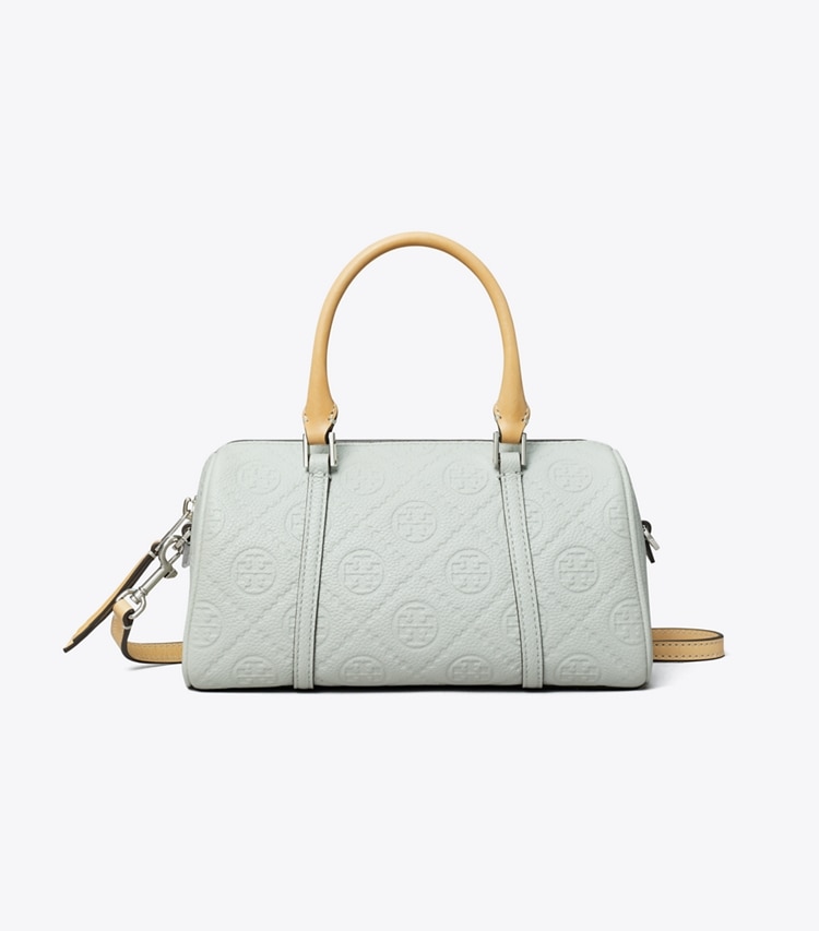 Tory Burch designer borse a spalla Barrel Bag T Monogram Petite martellata in Light Titanium front