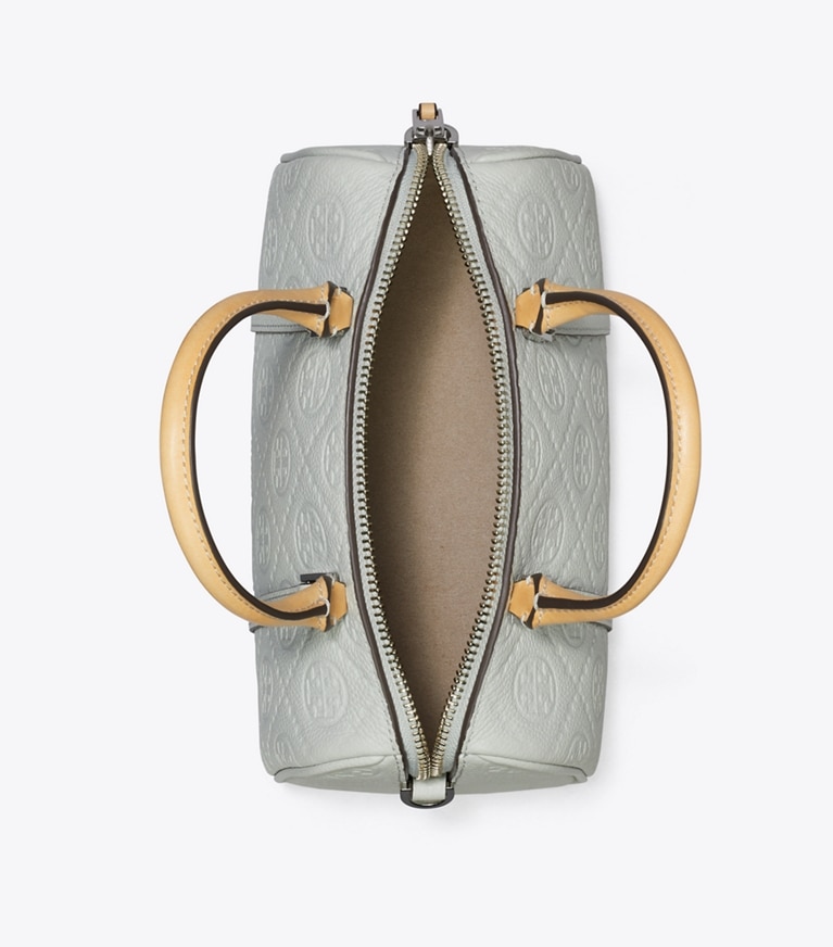Tory Burch designer borse a spalla Barrel Bag T Monogram Petite martellata in Light Titanium angle