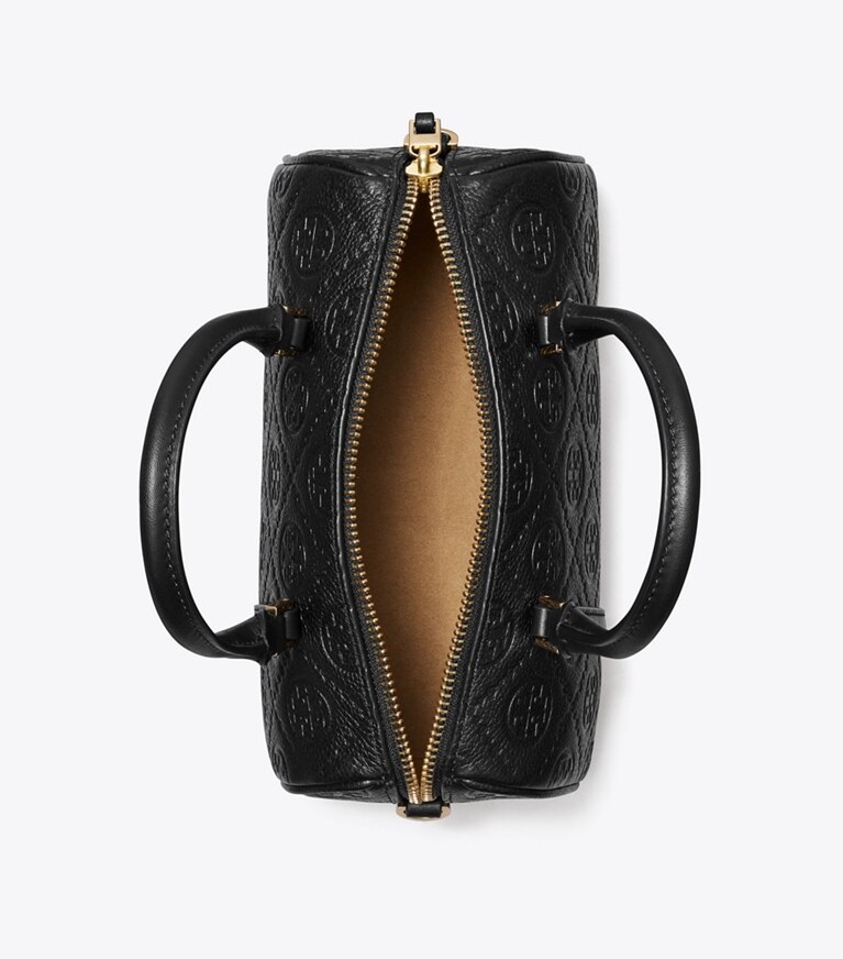 Tory Burch designer borse a spalla Barrel Bag T Monogram Petite martellata in Black angle