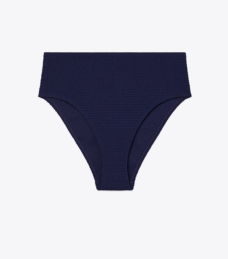 Tory Burch designer deux pieces Bas de bikini échancré smocké à taille haute in Medium Navy front