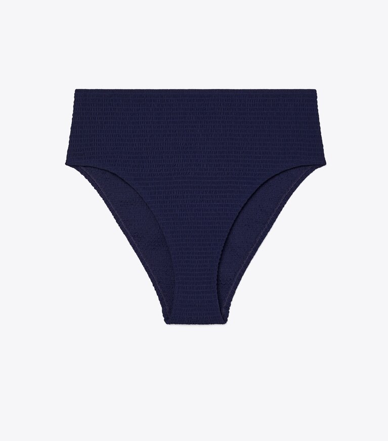 Tory Burch designer deux pieces Bas de bikini échancré smocké à taille haute in Medium Navy front