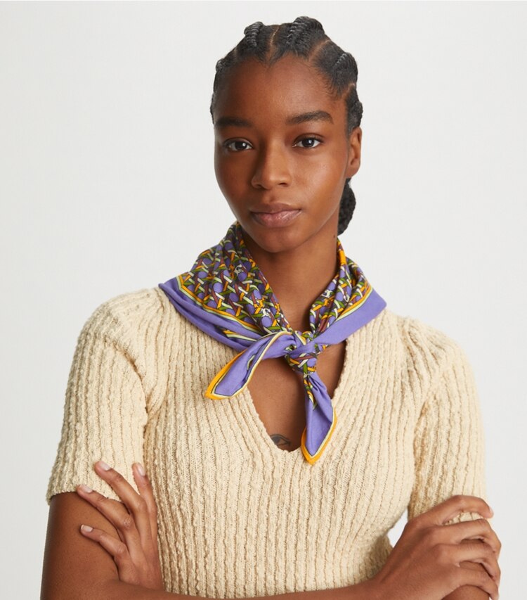 Tory Burch designer scarves Basket-Weave Logo Jersey Neckerchief  in Basket-Weave Purple accessory on model