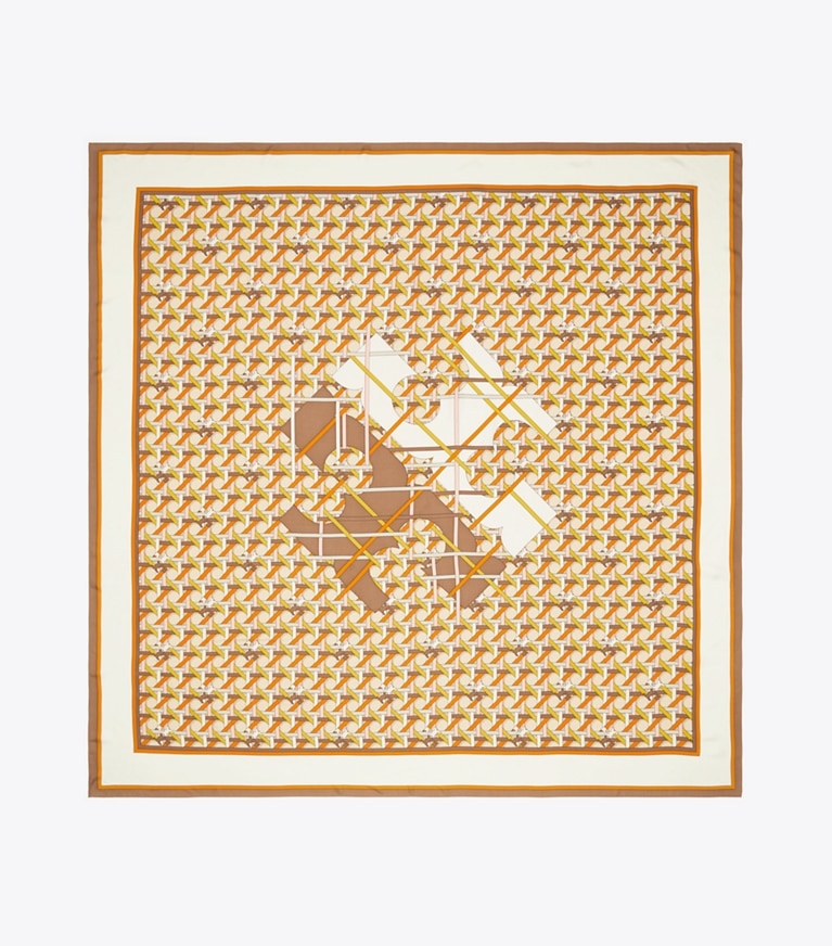 Tory Burch designer scarves Basket-Weave Logo Oversized Square Scarf in BUTTERMILK BASKETWEAVE overhead