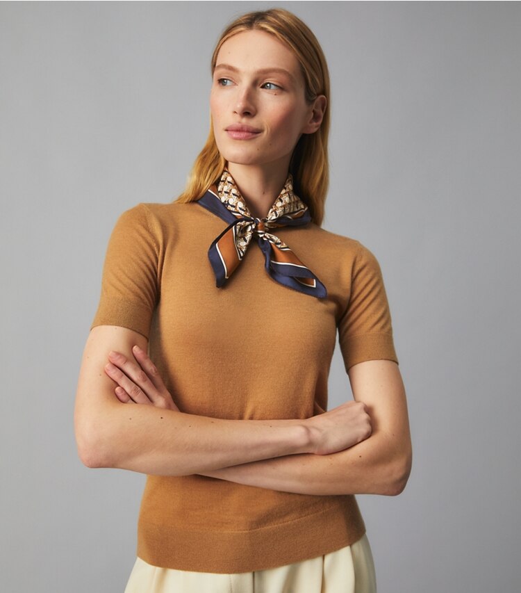 Tory Burch designer scarves Basket-Weave Logo Silk Neckerchief in BASKET-WEAVE accessory on model