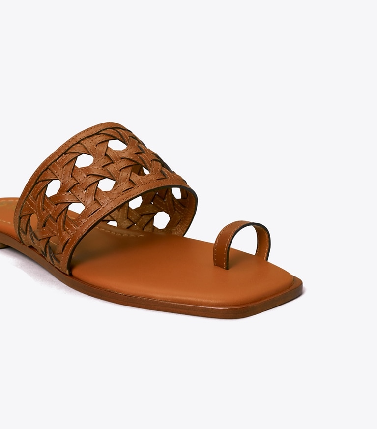 Tory Burch designer sandals Basket-Weave Slide in BURNT CUOIO angle