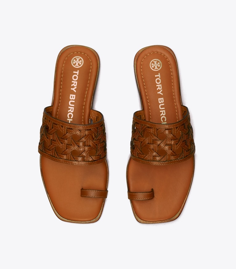 Tory Burch designer sandals Basket-Weave Slide in BURNT CUOIO angle
