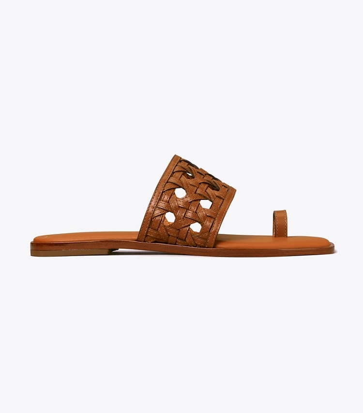 Tory Burch designer sandals Basket-Weave Slide in BURNT CUOIO side
