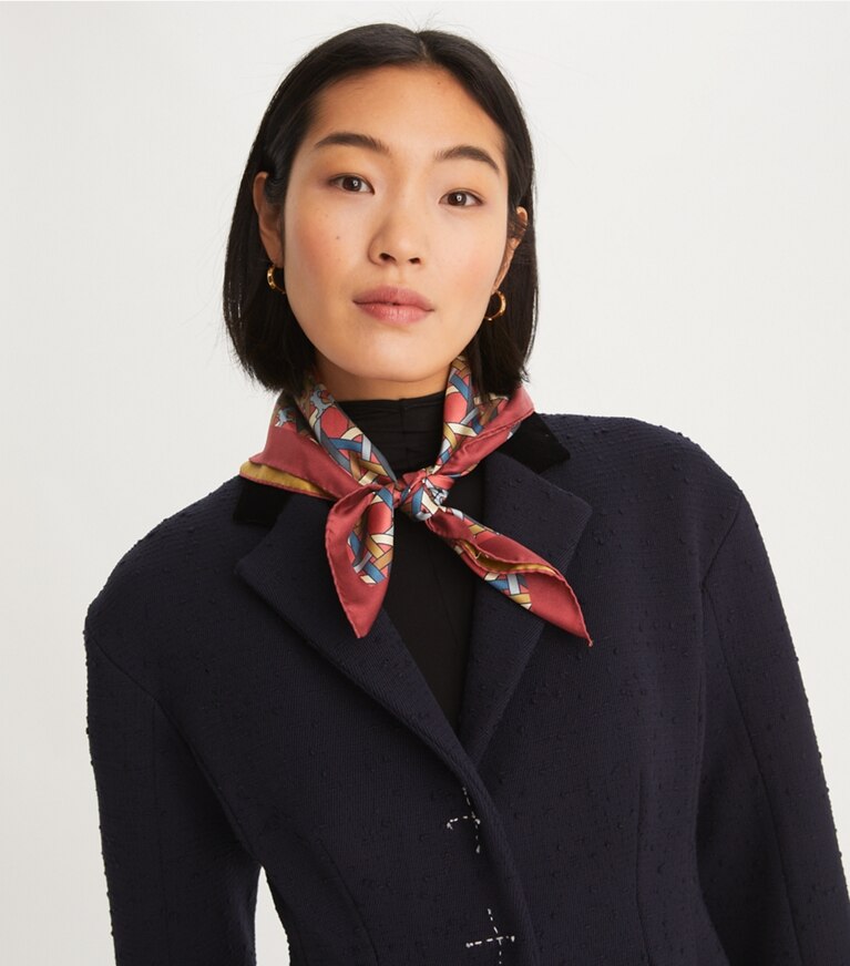 Tory Burch designer scarves Basketweave Double-Sided Neckerchief in Mustard Basketweave/Red Basketweave overhead