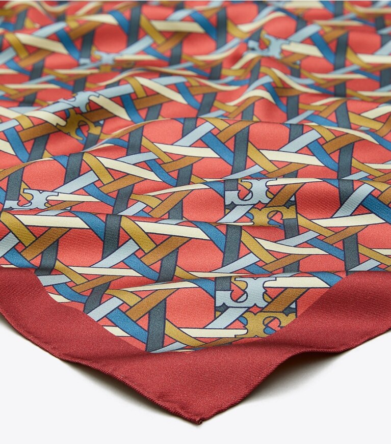 Tory Burch designer scarves Basketweave Double-Sided Neckerchief in Mustard Basketweave/Red Basketweave overhead