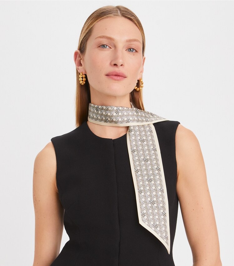 Tory Burch designer scarves Basketweave Ribbon Tie in Winter Peach accessory on model