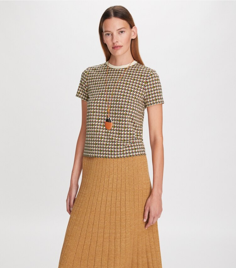 Tory Burch designer tops Basketweave T-Shirt in French Cream on model detail
