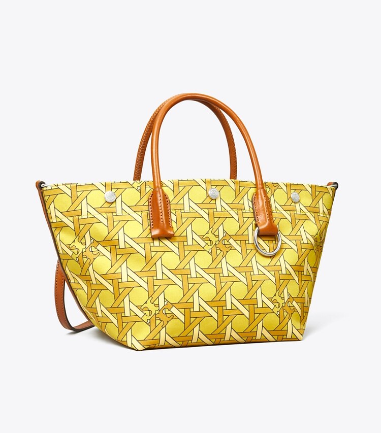 Tory Burch designer tote bags Basketweave Tasche aus Canvas, klein in Saffron Basketweave angle
