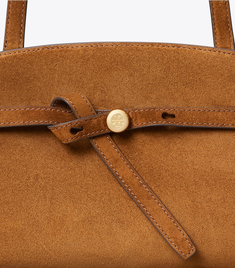 Tory Burch diseñador bolsos de hombro Bauletto de gamuza Romy East-West en Caramel detalle