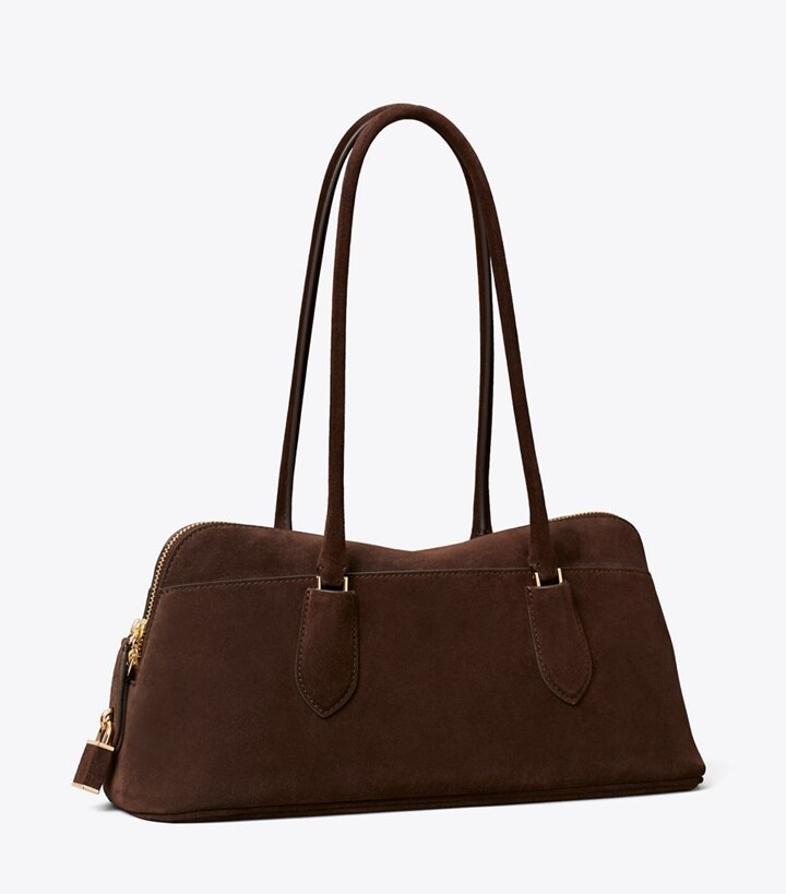 Tory Burch designer bauletto Bauletto East-West Lock in suede in Dark Cocoa angle