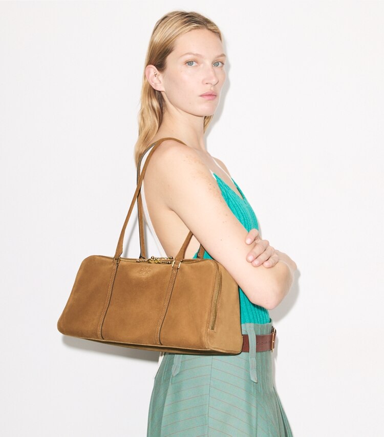 Tory Burch designer bauletto Bauletto Marshmallow in suede in CHICORY BROWN accessory on model