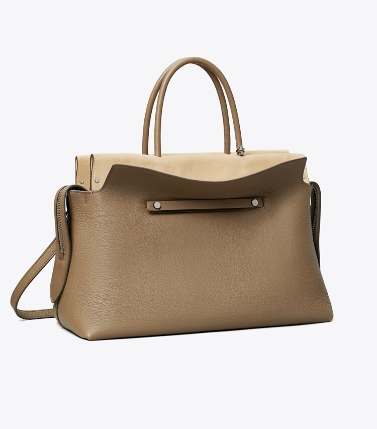 Tory Burch designer bauletto Bauletto Mercer grande in pelle martellata in Wild Mushroom angle