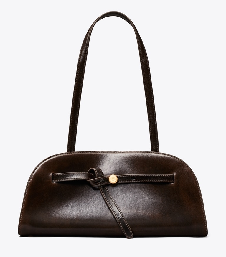 Tory Burch diseñador bolsos de hombro Bauletto Romy East West desgastado en Dark Brown frontal