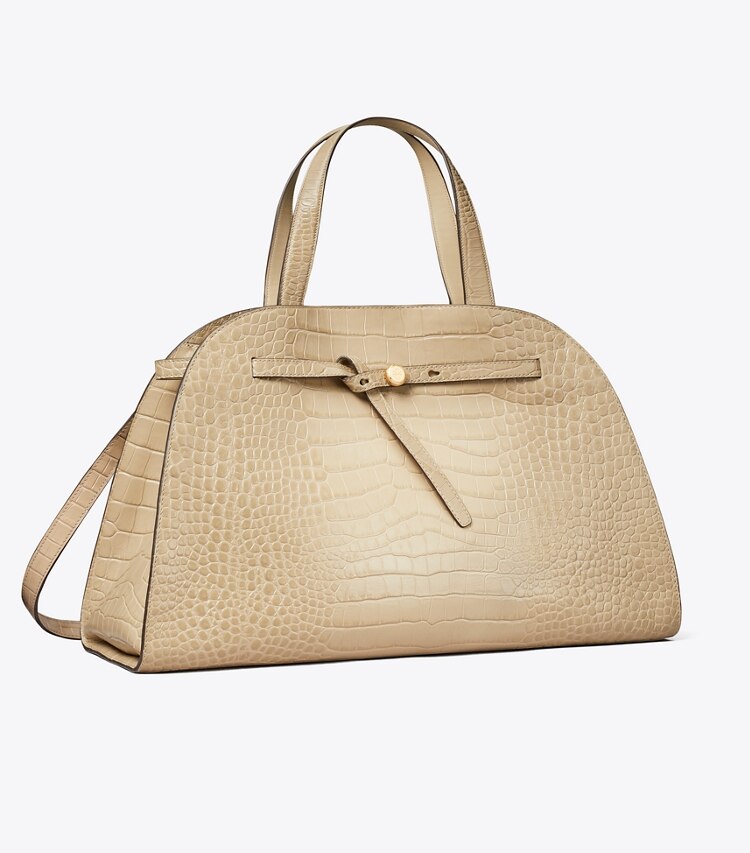 Tory Burch designer sac à main Bauletto Romy embossé motif croco dans Light Hickory angle