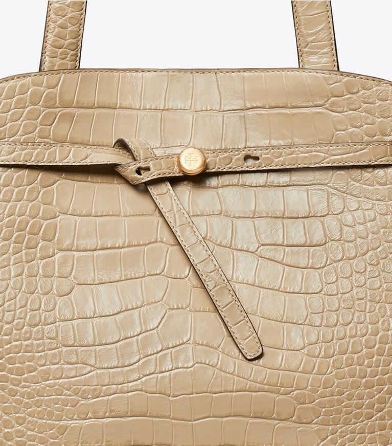 Tory Burch designer sac à main Bauletto Romy embossé motif croco dans Light Hickory détails