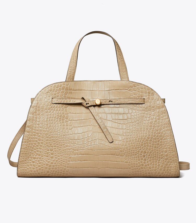 Tory Burch designer sac à main Bauletto Romy embossé motif croco dans Light Hickory de face