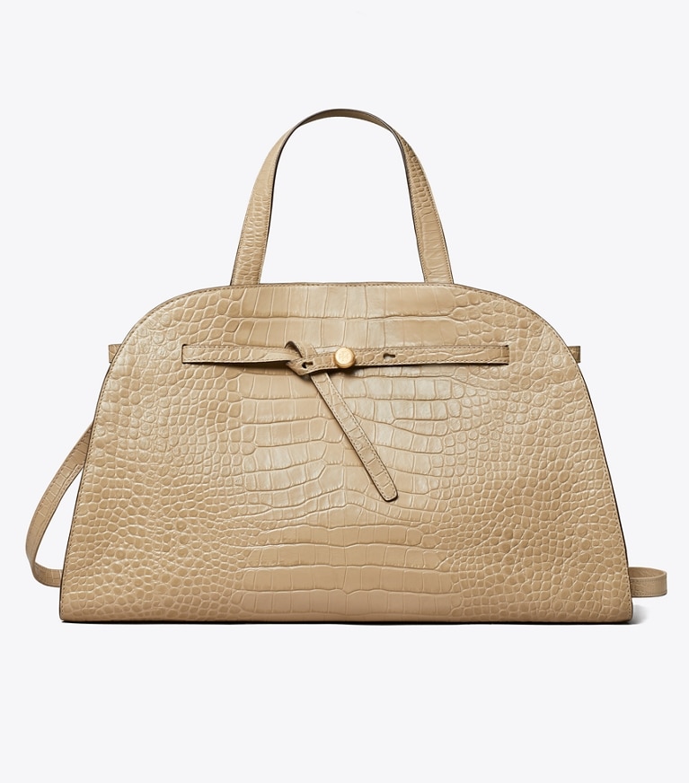 Tory Burch designer sac à main Bauletto Romy embossé motif croco dans Light Hickory de face