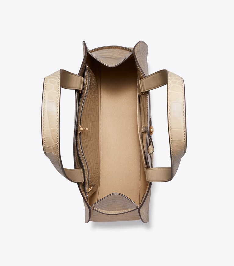 Tory Burch designer sac à main Bauletto Romy embossé motif croco dans Light Hickory vue du dessus