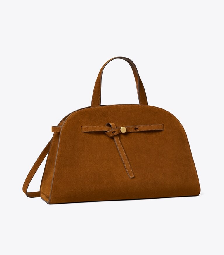 Tory Burch designer sac à main Bauletto Romy en suède dans Caramel angle