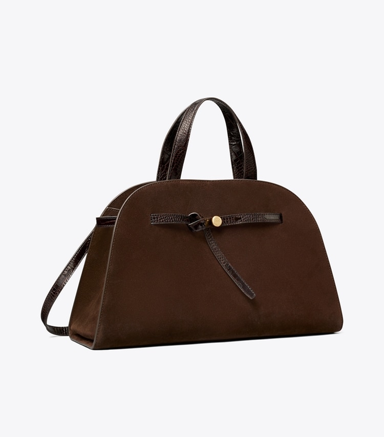 Tory Burch designer sac à main Bauletto Romy en suède dans DARK COCOA angle