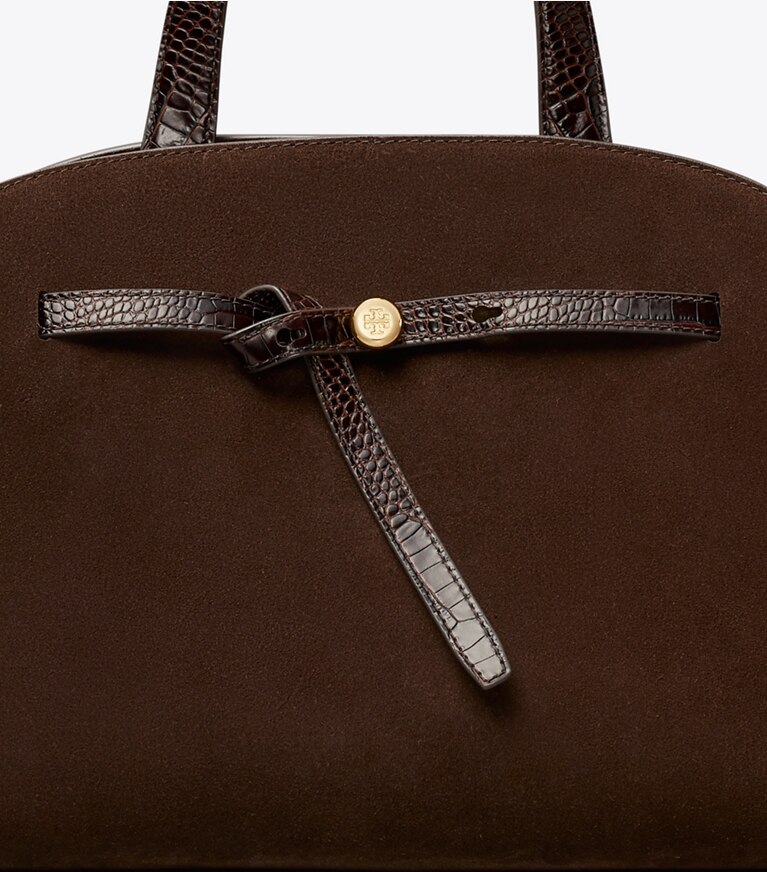 Tory Burch designer sac à main Bauletto Romy en suède dans DARK COCOA détails