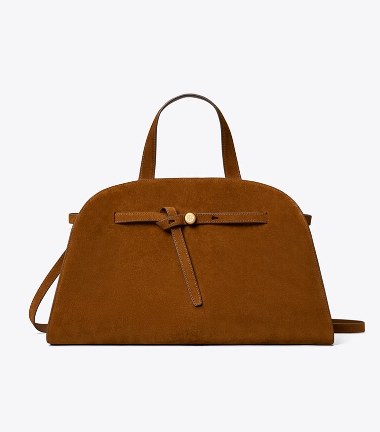 Tory Burch designer sac à main Bauletto Romy en suède dans Caramel de face