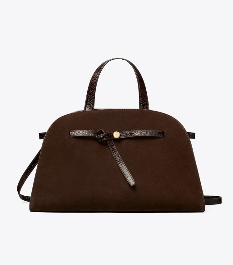 Tory Burch designer sac à main Bauletto Romy en suède dans DARK COCOA de face