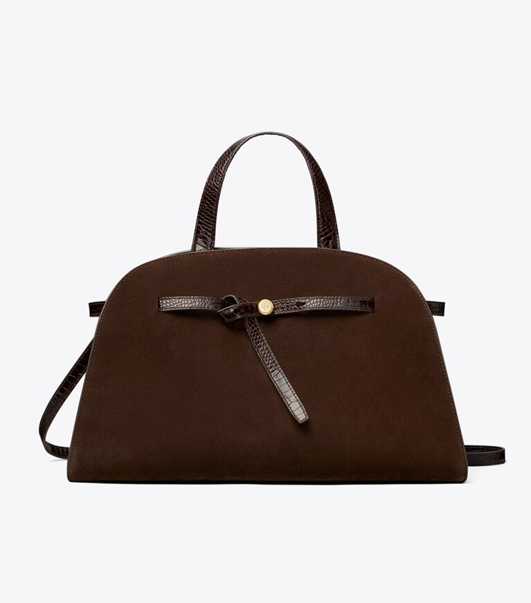 Tory Burch designer sac à main Bauletto Romy en suède dans DARK COCOA de face