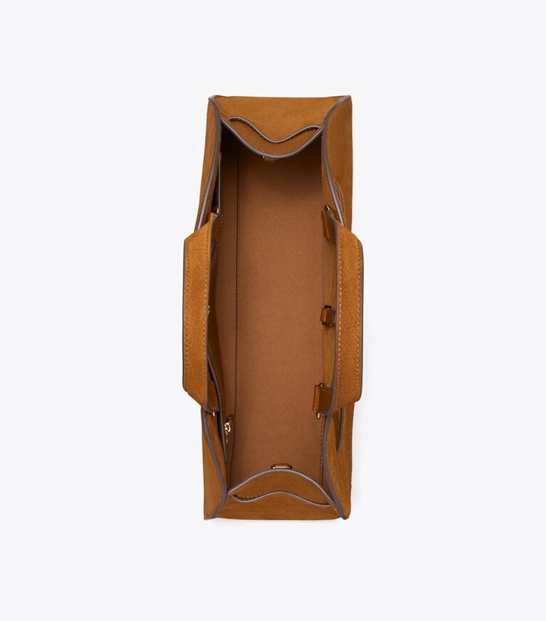 Tory Burch designer sac à main Bauletto Romy en suède dans Caramel vue du dessus