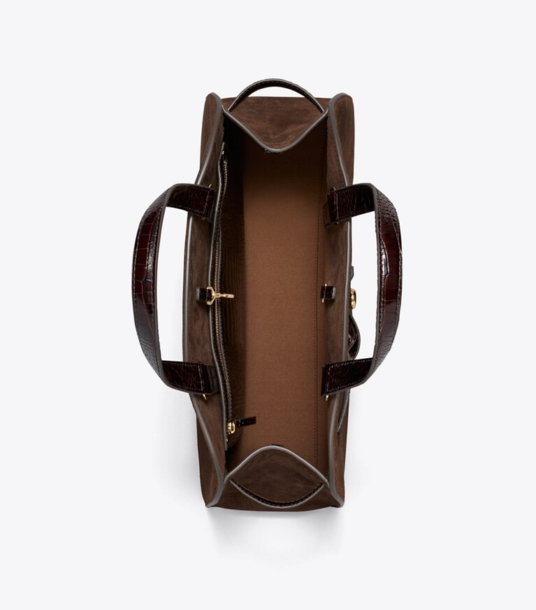 Tory Burch designer sac à main Bauletto Romy en suède dans DARK COCOA vue du dessus