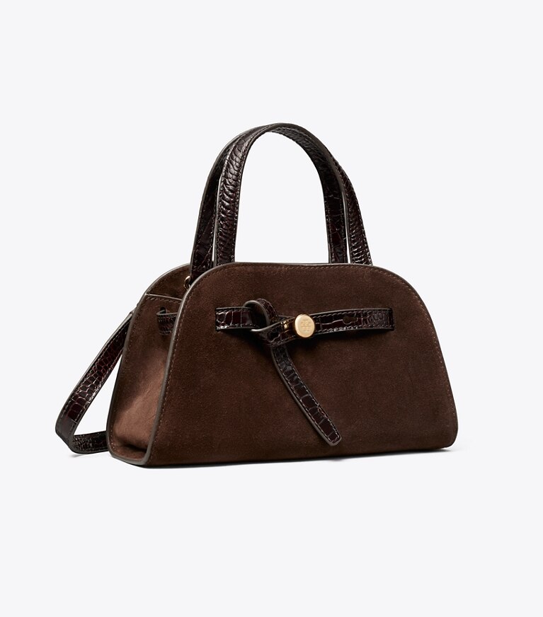 Tory Burch diseñador bolsos bandolera Bauletto Romy pequeño de gamuza en DARK COCOA ángulo
