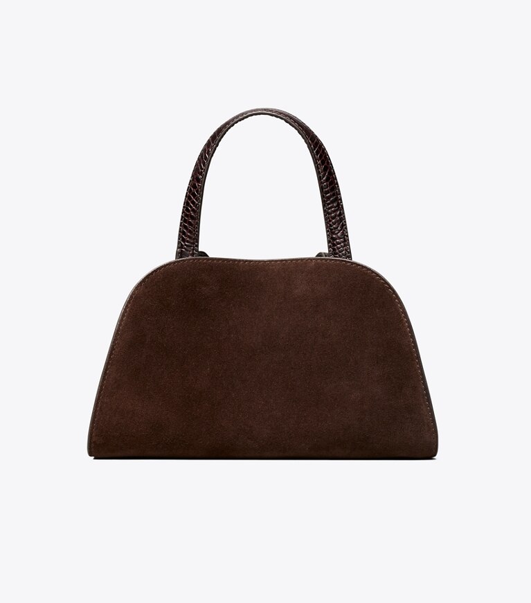 Tory Burch diseñador bolsos bandolera Bauletto Romy pequeño de gamuza en DARK COCOA volver