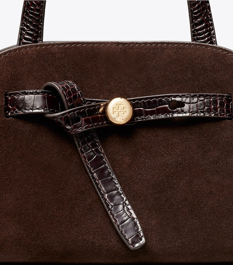 Tory Burch diseñador bolsos bandolera Bauletto Romy pequeño de gamuza en DARK COCOA detalle