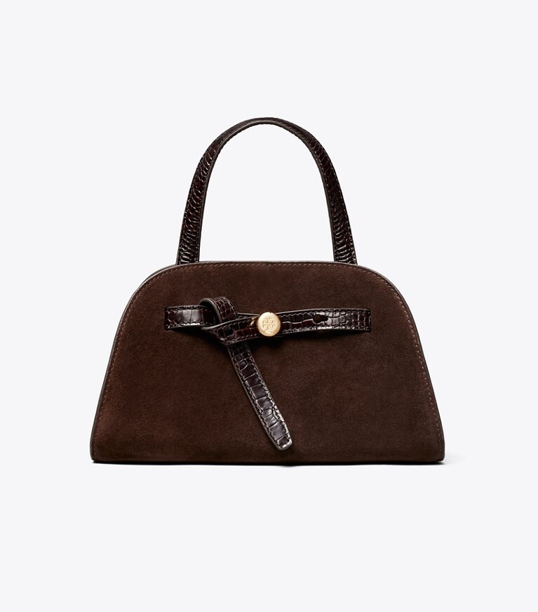 Tory Burch diseñador bolsos bandolera Bauletto Romy pequeño de gamuza en DARK COCOA frente