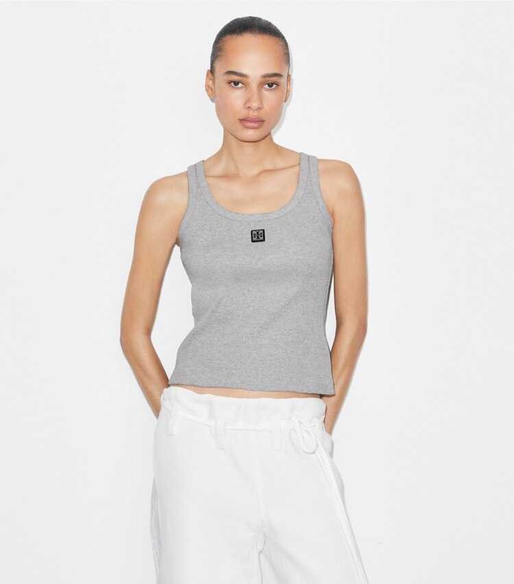 Tory Burch designer oberteile Baumwoll-Tanktop in Medium Heather Gray on model detail