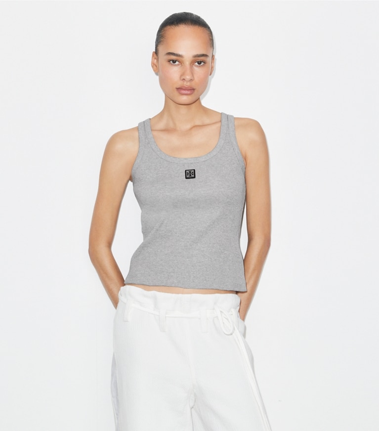 Tory Burch designer oberteile Baumwoll-Tanktop in Medium Heather Gray on model detail