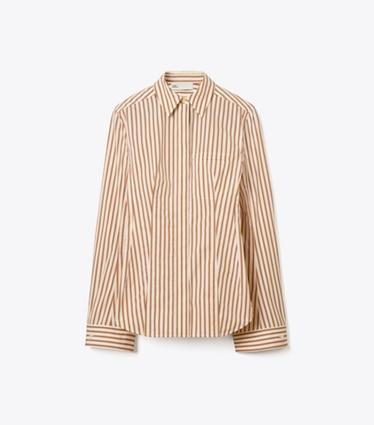 Tory Burch designer oberteile Baumwollhemd mit Glockenärmeln in Yellow Stripe front