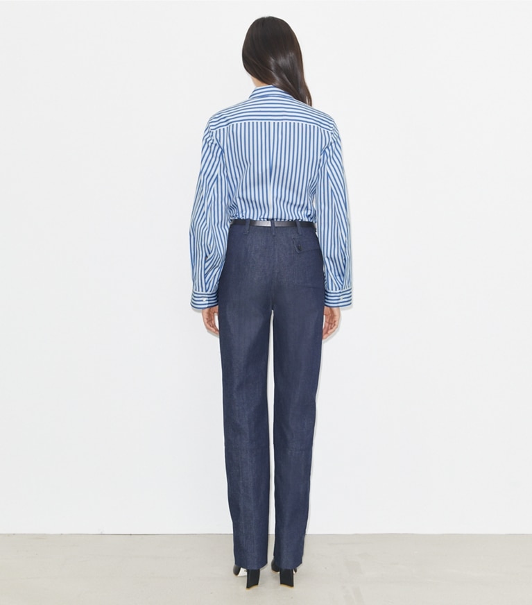 Tory Burch designer oberteile Baumwollhemd mit Glockenärmeln in Blue Stripe on model back