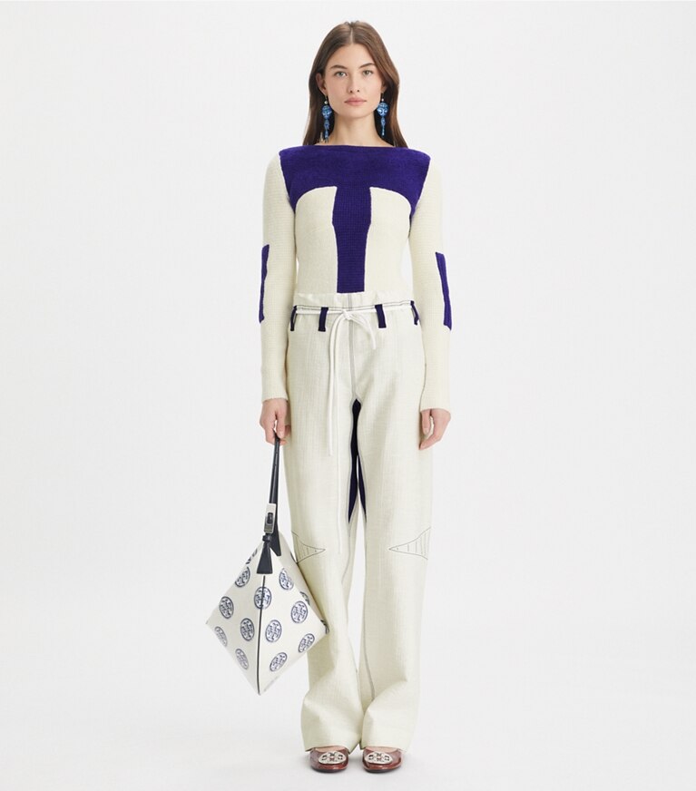 Tory Burch designer unterteile Baumwollhose mit weitem Beinschnitt in Marshmallow front