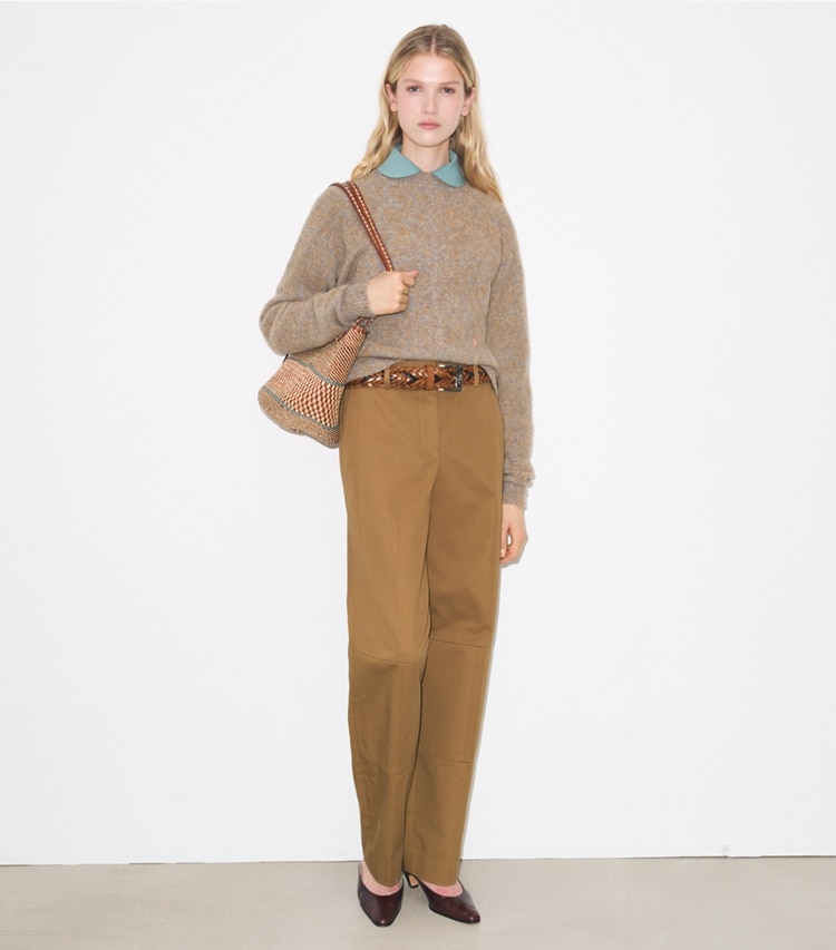 Tory Burch designer unterteile Baumwollhose mit weitem Beinschnitt in Caramel modell von vorn