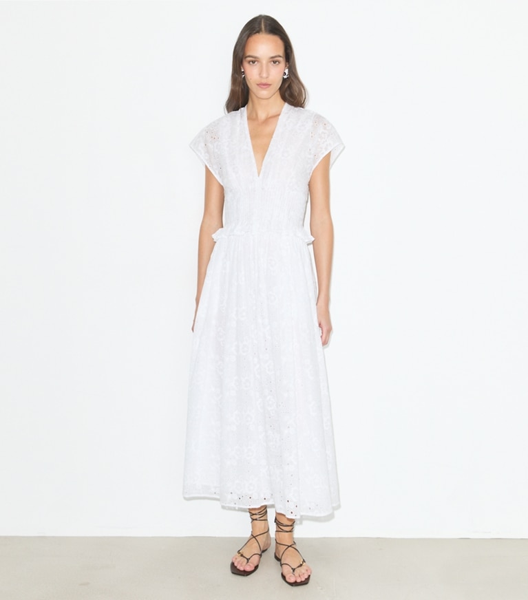 Tory Burch designer kleider Baumwollkleid mit Lochstickerei in White modell von vorn