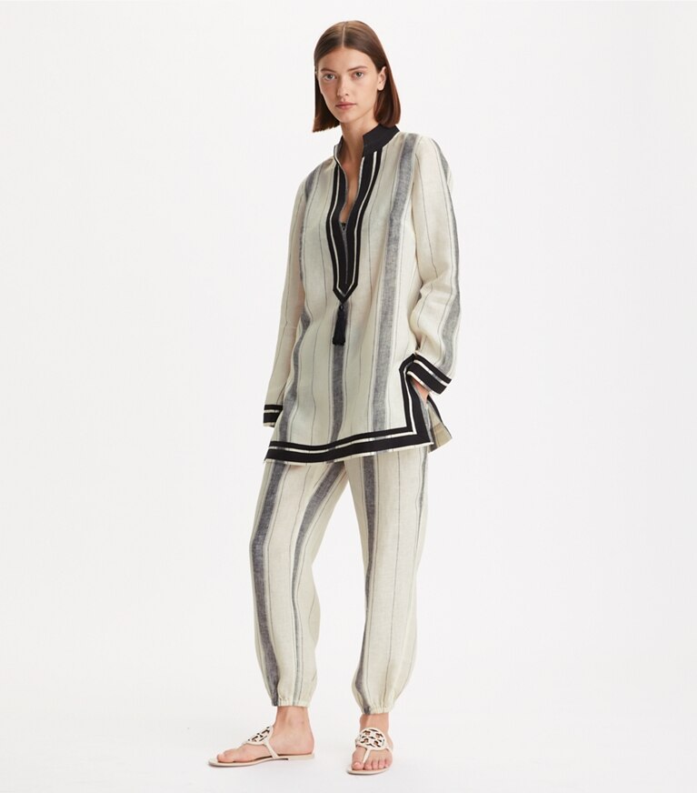 Tory Burch designer coverups Beach Pant in French Cream Black Stripe front