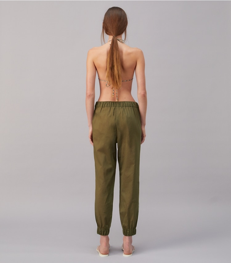 Tory Burch designer coverups Beach Pant in Winter Olive on model back
