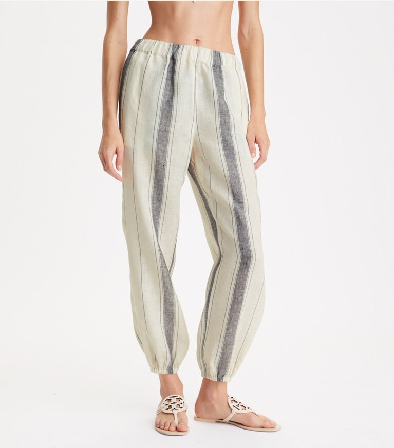 Tory Burch designer coverups Beach Pant in French Cream Black Stripe front