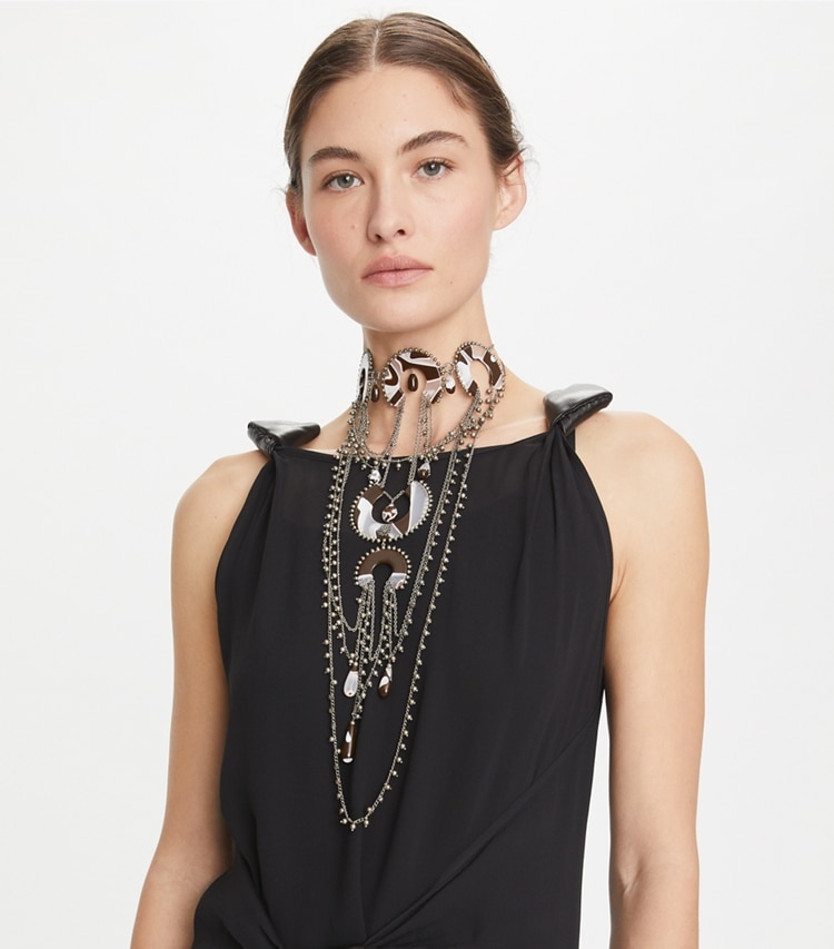 Tory Burch designer necklaces Bead And Resin Necklace in Antique Tory Silver / Multi accessory on model